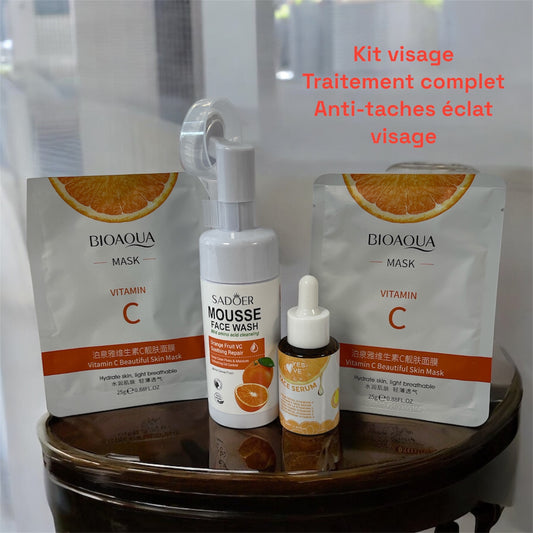 Kit visage nettoyant +serum +2 masques traitement complet visage anti taches éclat visage